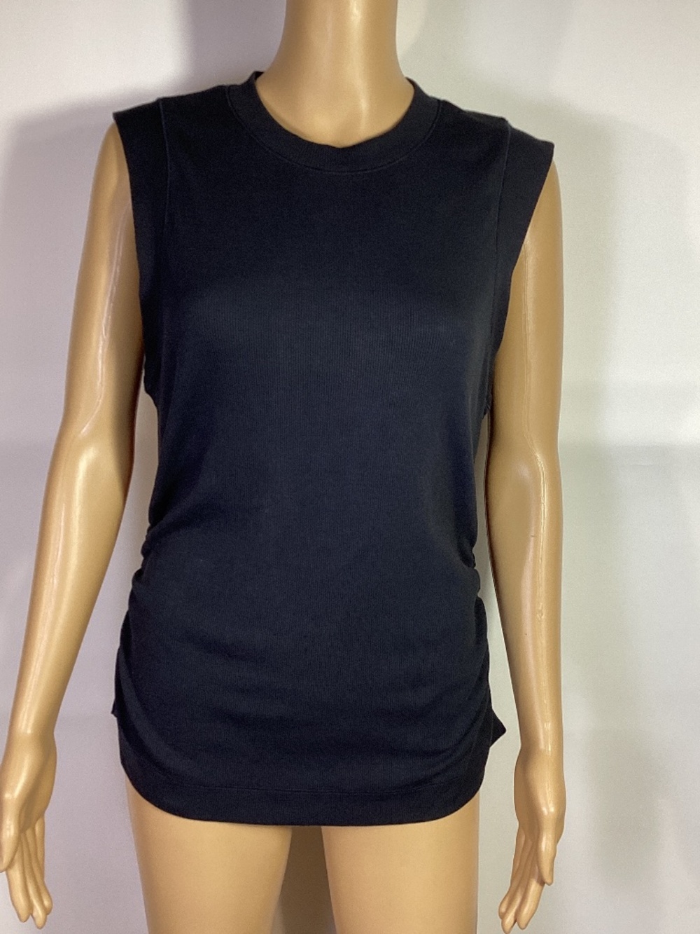 REISS Trudy Fine-Rib Knit Ruched Tank Top Black Sz L